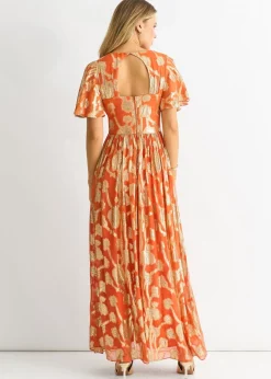 Gini London Orange Metallic Jacquard Flutter Sleeves Maxi Dress