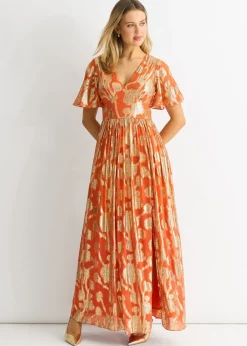 Gini London Orange Metallic Jacquard Flutter Sleeves Maxi Dress