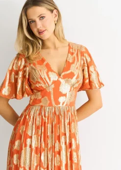 Gini London Orange Metallic Jacquard Flutter Sleeves Maxi Dress