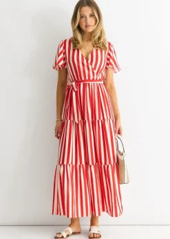 Gini London Red Stripe Wrap Belted Midi Dress