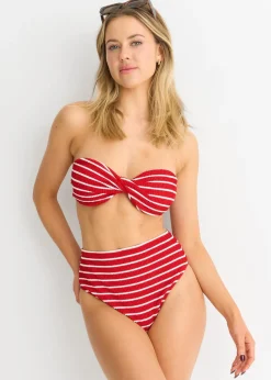 Gini London Red Textured High Waisted Stripe Bikini Bottom