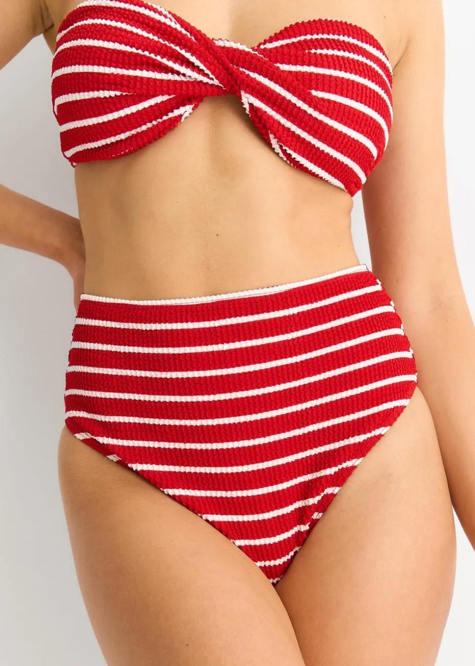 Gini London Red Textured High Waisted Stripe Bikini Bottom