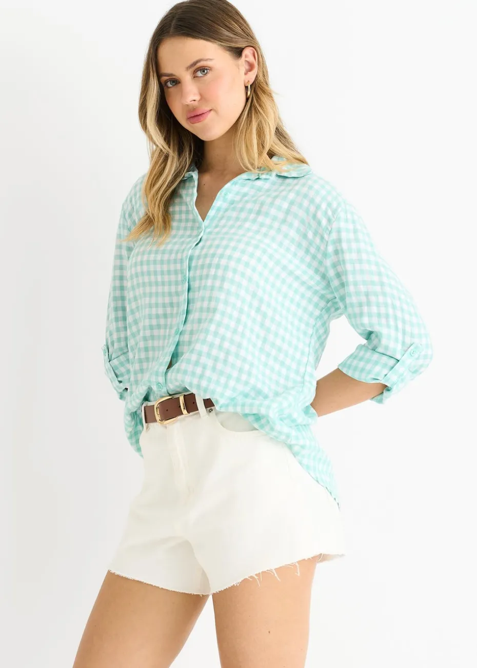 Gini London Sage Green Cotton Gingham Roll Up Sleeves Oversized Tie Top