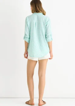 Gini London Sage Green Cotton Gingham Roll Up Sleeves Oversized Tie Top