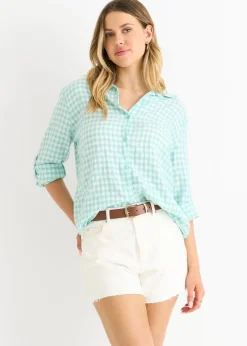 Gini London Sage Green Cotton Gingham Roll Up Sleeves Oversized Tie Top