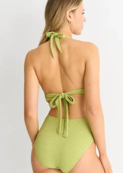 Gini London Sage Green Textured Halter Bikini Top With Ring Belt Detail