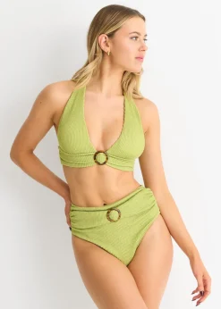 Gini London Sage Green Textured High Waisted Bottoms With Ring Belt Detail