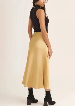 Gini London Sandy Gold Satin Bias Cut Midi Skirt