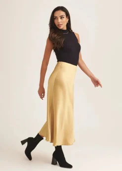 Gini London Sandy Gold Satin Bias Cut Midi Skirt