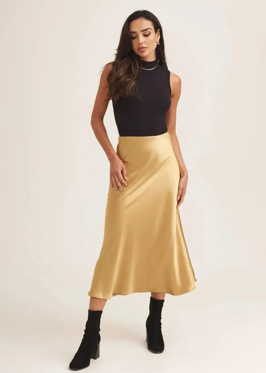 Gini London Sandy Gold Satin Bias Cut Midi Skirt