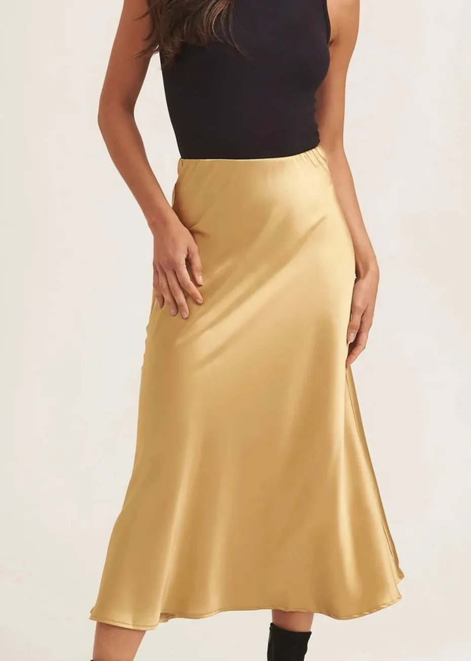 Gini London Sandy Gold Satin Bias Cut Midi Skirt