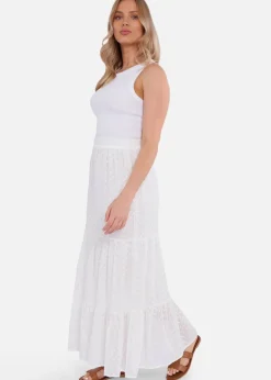 Gini London White Cotton Broderie Skater Maxi Skirt