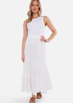 Gini London White Cotton Broderie Skater Maxi Skirt