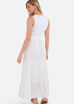 Gini London White Cotton Broderie Skater Maxi Skirt