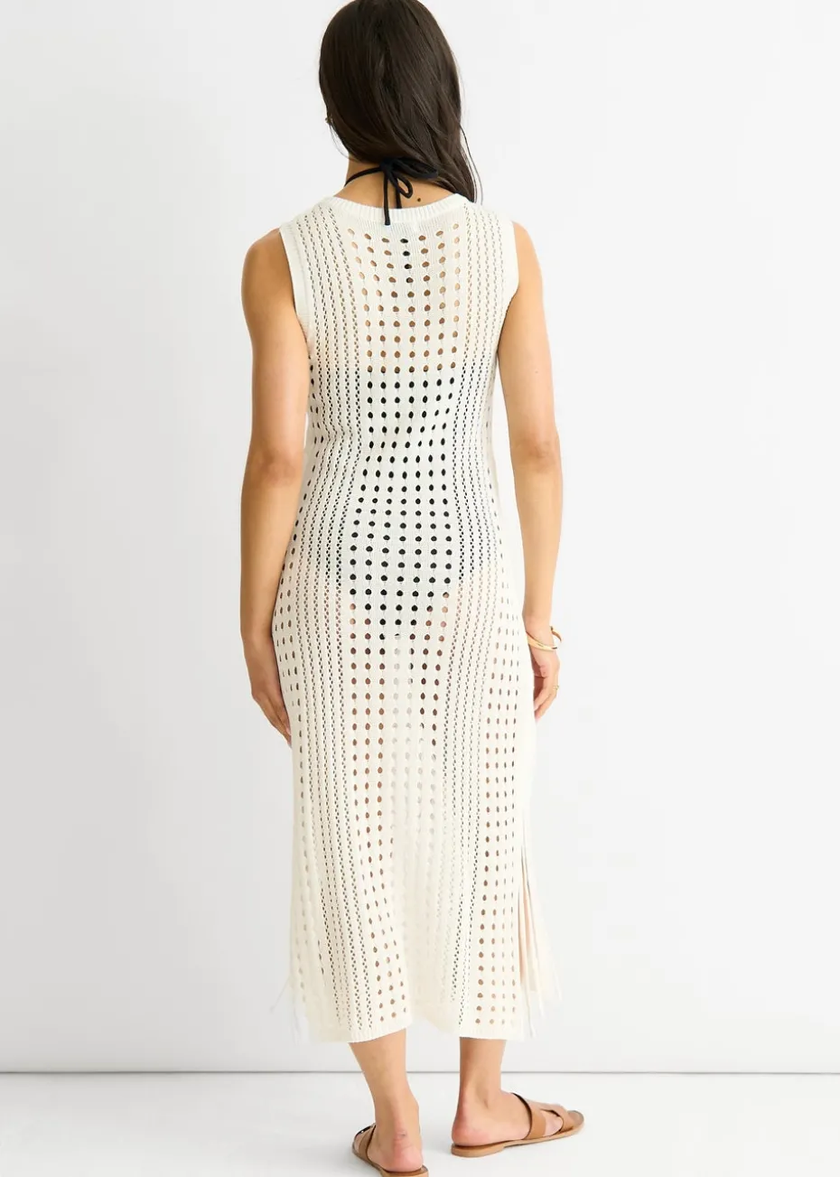 Gini London White Crochet Knit Bodycon Midi Dress