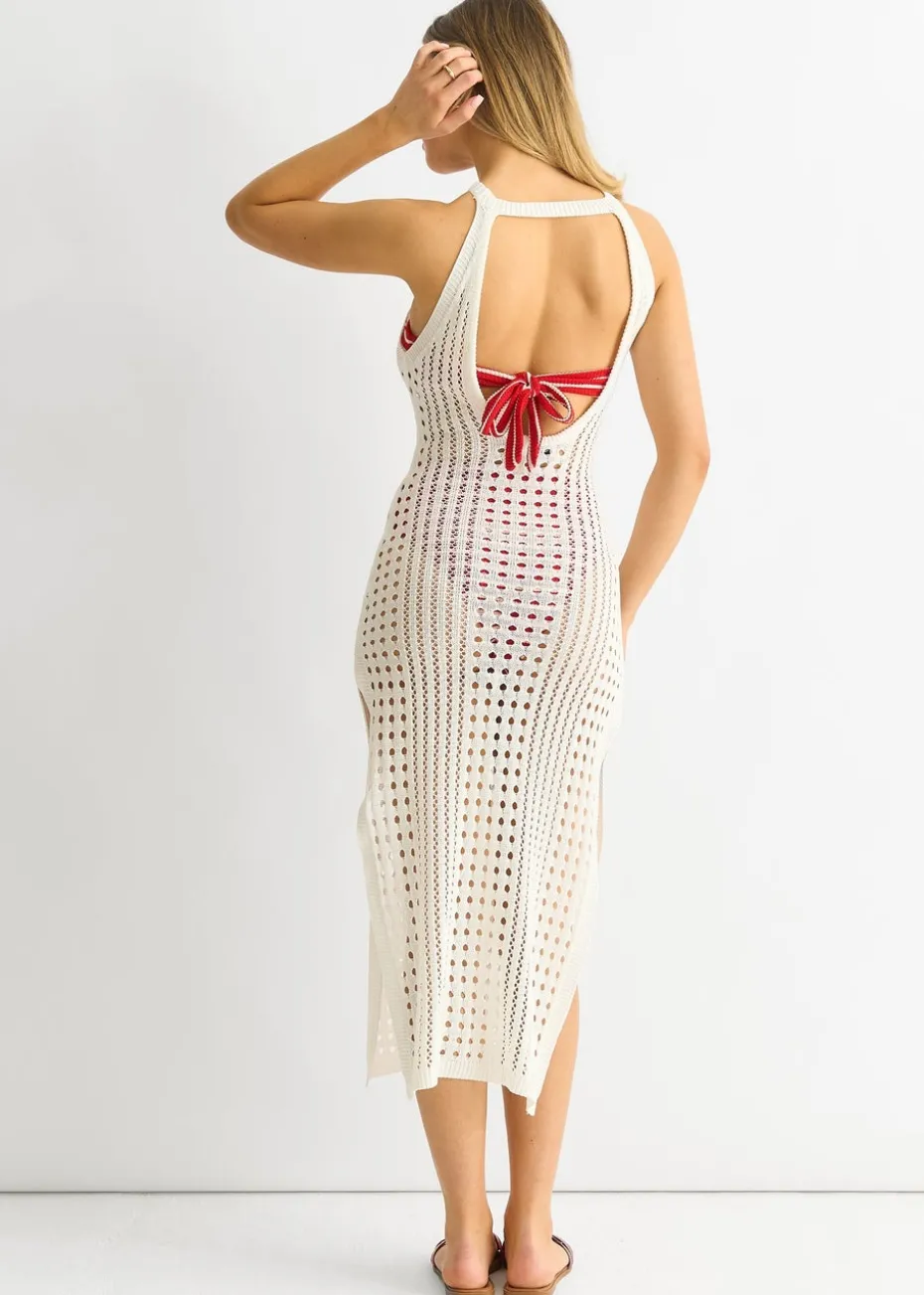Gini London White Crochet Knit Bodycon Slit Dress