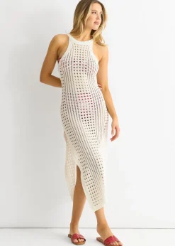 Gini London White Crochet Knit Bodycon Slit Dress