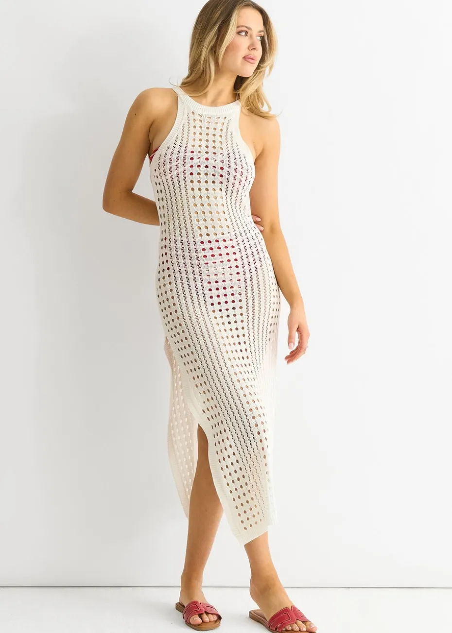 Gini London White Crochet Knit Bodycon Slit Dress