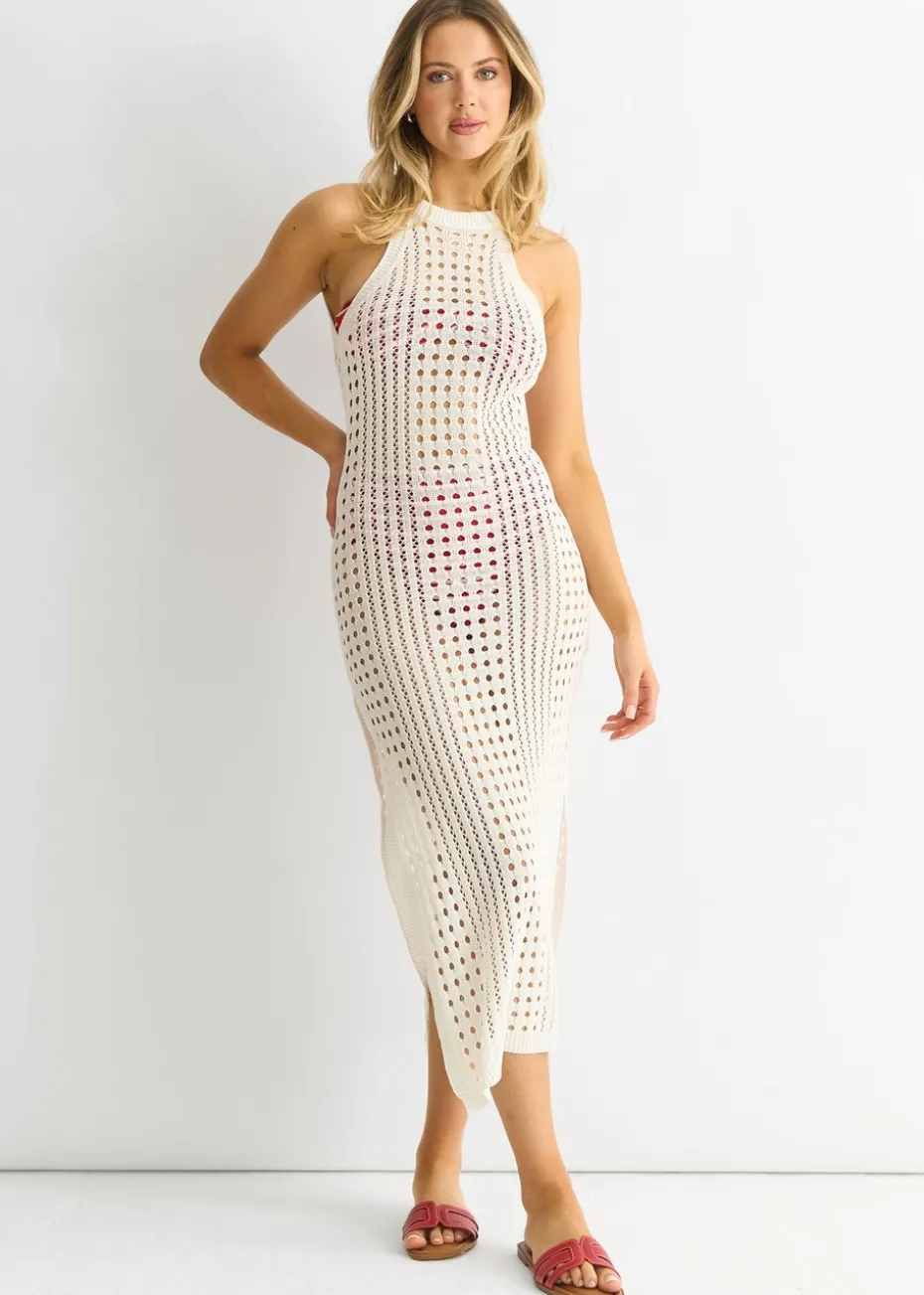 Gini London White Crochet Knit Bodycon Slit Dress