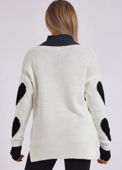 Gini London White V Neck Oversized Heart Knit Jumper