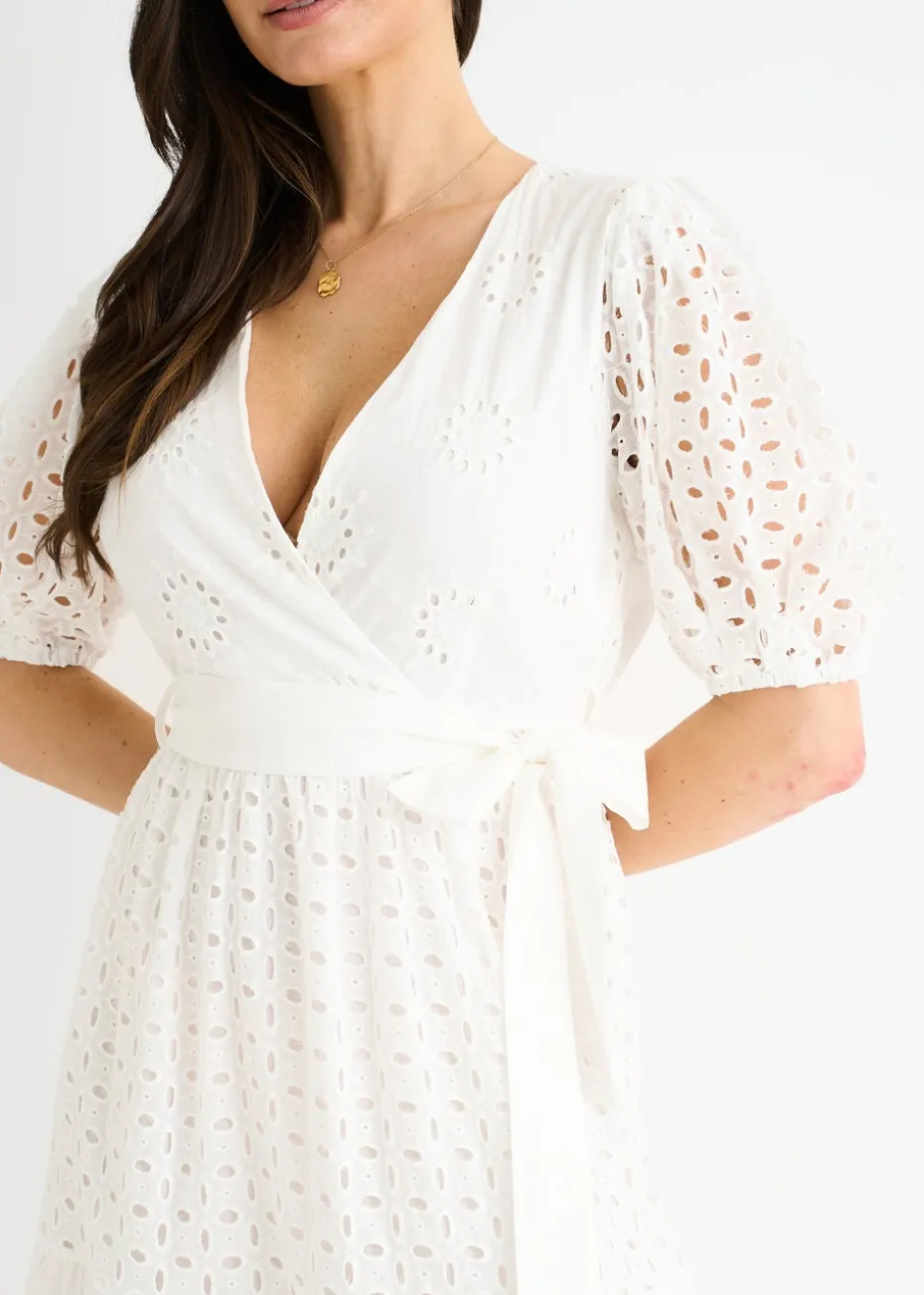 Gini London White Wrap Broderie Cotton Belted Midi Dress