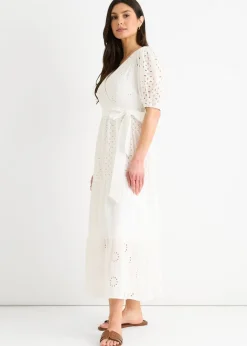 Gini London White Wrap Broderie Cotton Belted Midi Dress