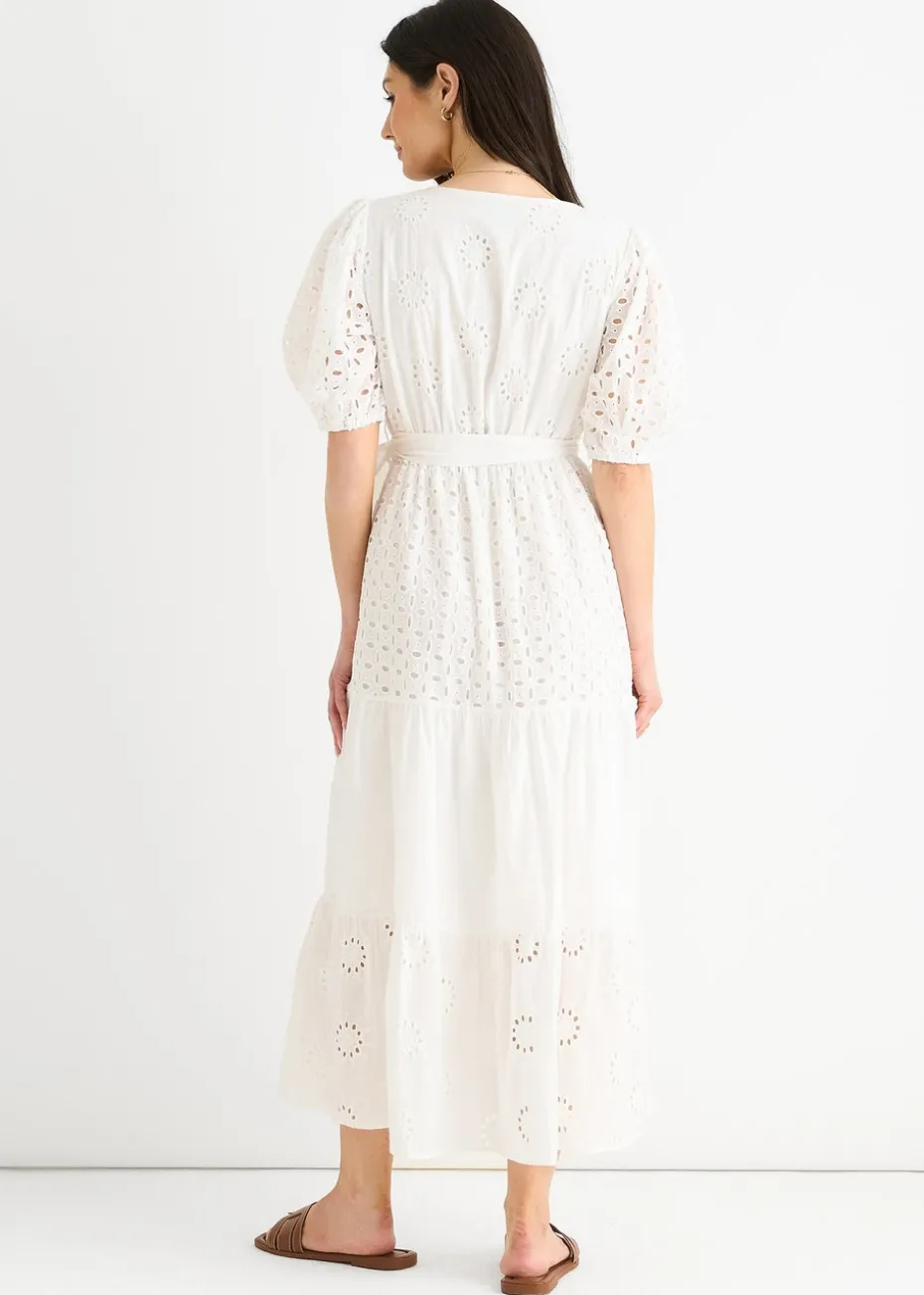 Gini London White Wrap Broderie Cotton Belted Midi Dress