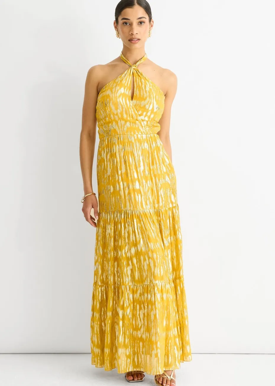 Gini London Yellow Animal Jacquard Halter Neck Maxi dress