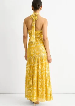 Gini London Yellow Animal Jacquard Halter Neck Maxi dress