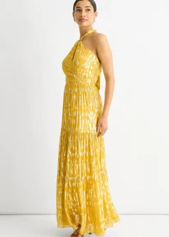 Gini London Yellow Animal Jacquard Halter Neck Maxi dress