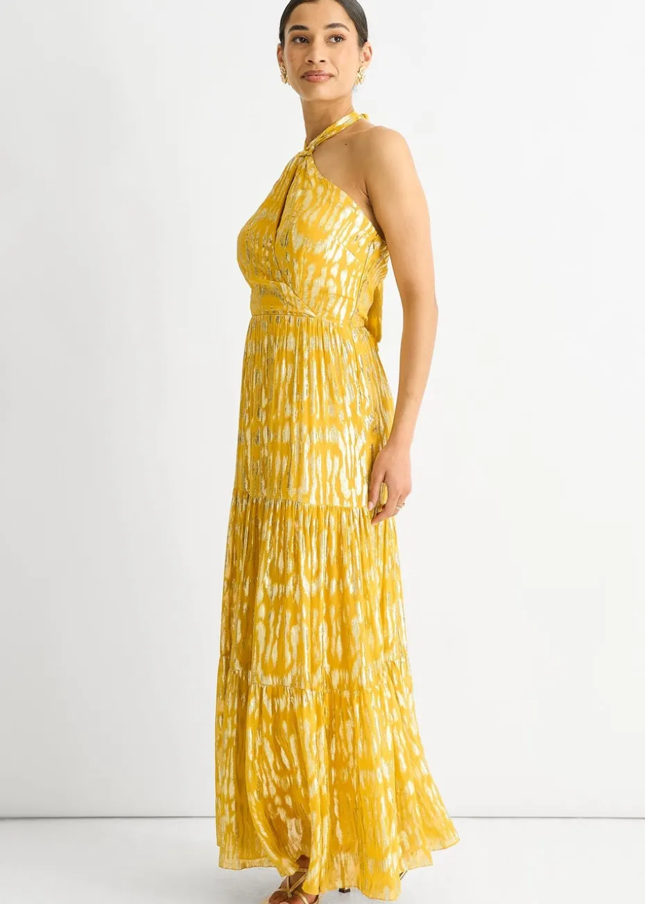 Gini London Yellow Animal Jacquard Halter Neck Maxi dress
