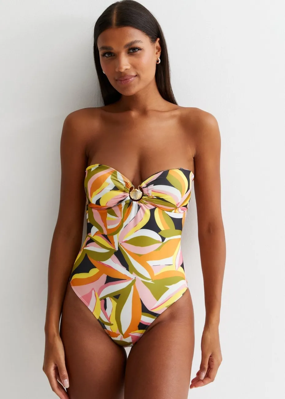 Gini London Yellow Tropical Palm Swimsuit With Gold Shell Hardware
