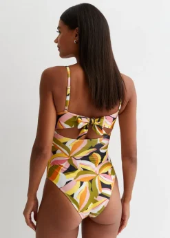 Gini London Yellow Tropical Palm Swimsuit With Gold Shell Hardware