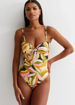 Gini London Yellow Tropical Palm Swimsuit With Gold Shell Hardware