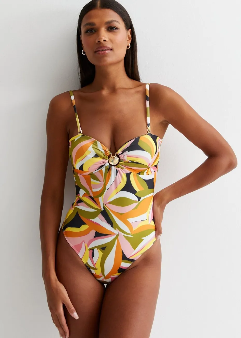 Gini London Yellow Tropical Palm Swimsuit With Gold Shell Hardware