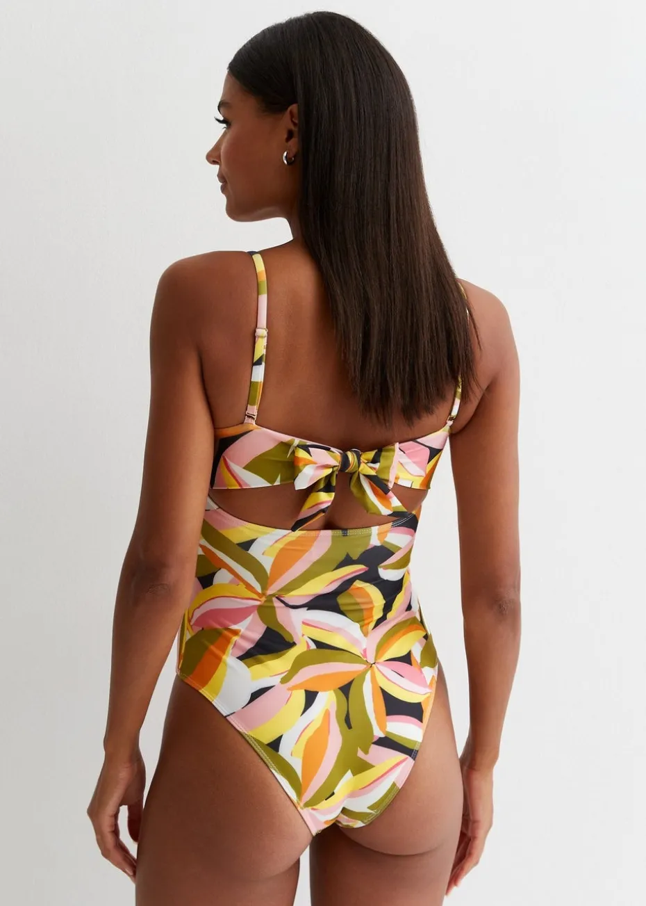 Gini London Yellow Tropical Palm Swimsuit With Gold Shell Hardware