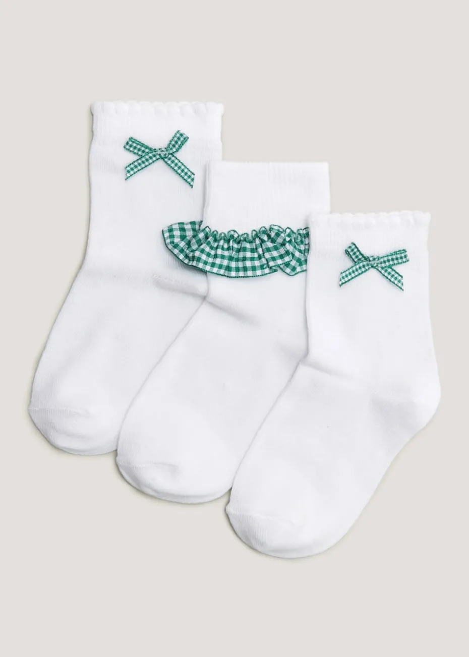 Girls 3 Pack Green Gingham School Socks (Younger 6-Older 5.5)