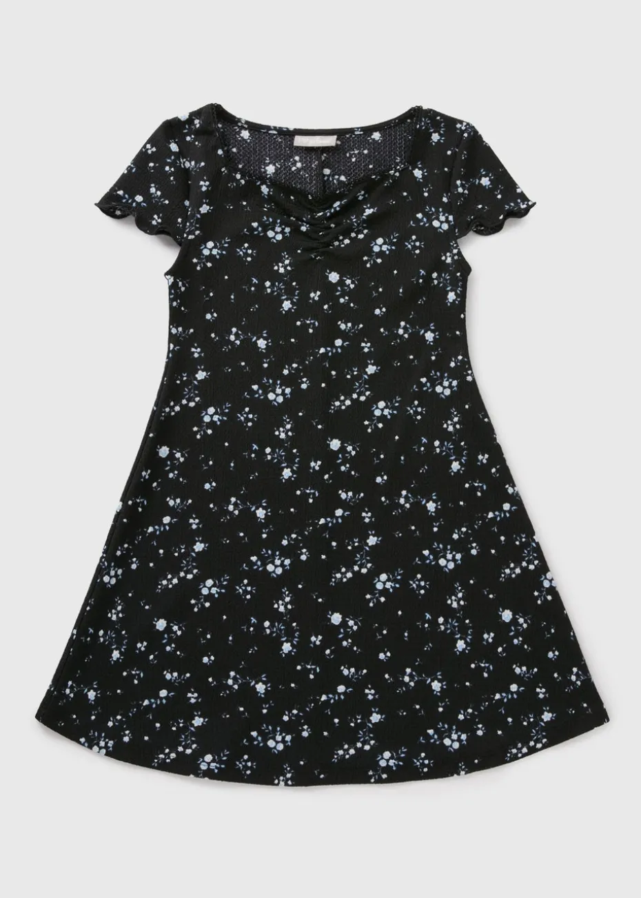 Girls Black Floral Ruched Dress (7-15yrs)