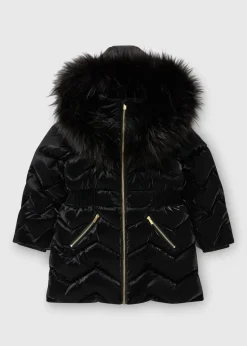 Girls Black Fur Hooded Coat (7-15yrs)