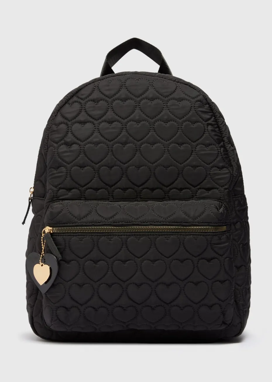 Girls Black Heart Quilted Backpack