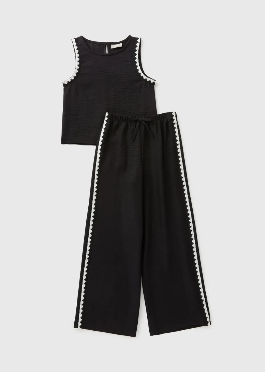 Girls Black Scalloped Top & Trousers Set (7-15yrs)