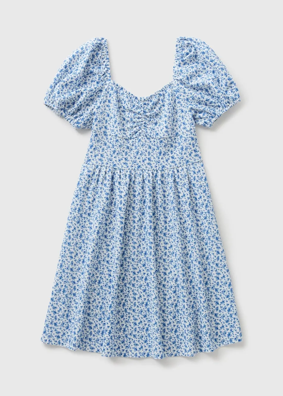 Girls Blue Floral Crinkle Dress (7-15yrs)