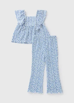 Girls Blue Floral Crinkle Top & Flare Set (1-7yrs)