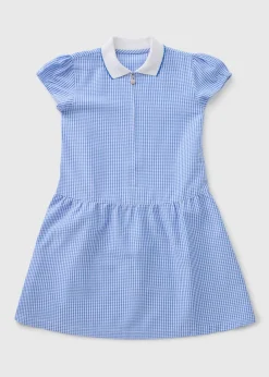 Girls Blue Generous Fit Gingham Knit Collar School Dress (3-13yrs)
