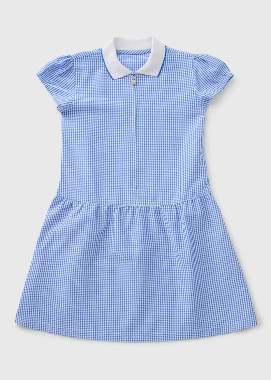 Girls Blue Generous Fit Gingham Knit Collar School Dress (3-13yrs)