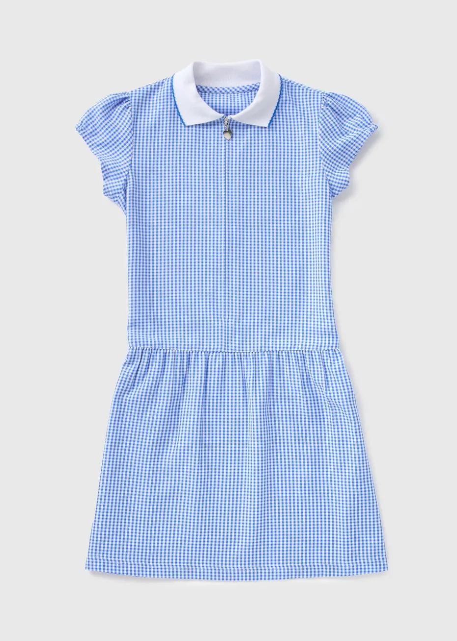 Girls Blue Gingham Knit Collar School Dress (3-13yrs)