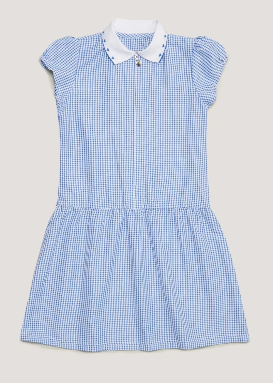 Girls Blue Gingham Knit Collar School Dress (3-14yrs)
