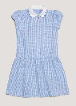 Girls Blue Gingham Knit Collar School Dress (3-14yrs)