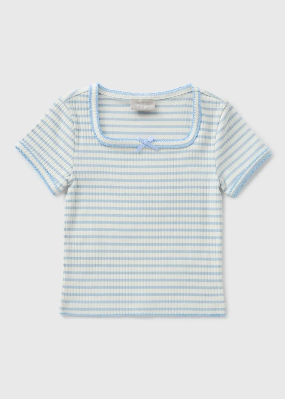 Girls Blue Stripe Ribbed T-Shirt (7-`15yrs)
