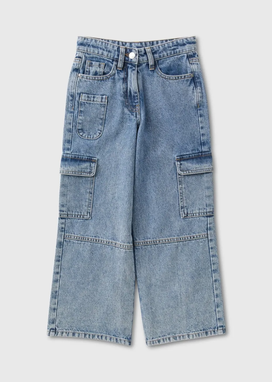 Girls Blue Wide Leg Cargo Jeans (7-15yrs)